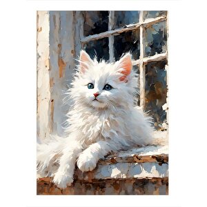 Sevimli Beyaz Kedi Dekoratif Mdf Tablo 35cm X50cm 35x50 cm