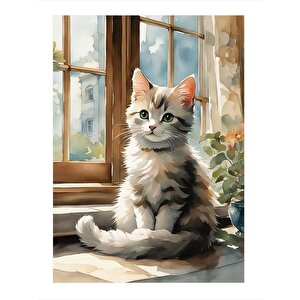 Pencere Kenarında Yavru Kedi Hediyelik Ahşap Tablo 35cm X50cm 35x50 cm