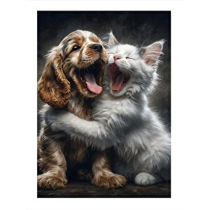 Yavru Köpek Ve Kedi Dekoratif Ahşap Tablo 25cmx 35cm 25x35 cm