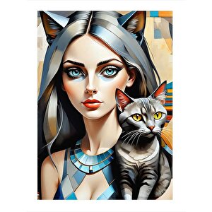Kadın Ve Kedi Desenli Ahşap Tablo 35cm X50cm 35x50 cm