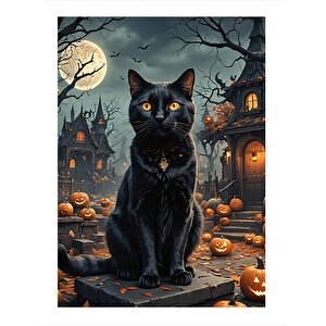 Siyah Kedi Ve Retro Binalar Hediyelik Ahşap Tablo 35cm X50cm 35x50 cm