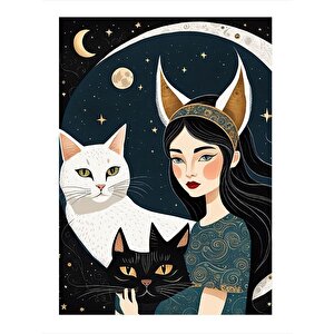 Sevimli Kediler Ve Kız Dekoratif Ahşap Tablo 35cm X50cm 35x50 cm