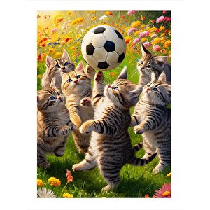 Futbol Oynayan Kediler Desenli Ahşap Tablo 35cm X50cm 35x50 cm