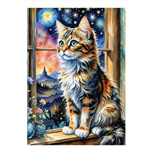 Pencere Kenarındaki Kedi Ve Manzara Tasarım Ahşap Tablo 25cmx 35cm 25x35 cm