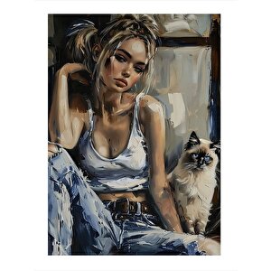 Genç Kız Ve Kedi Desenli Mdf Tablo 35cm X50cm 35x50 cm