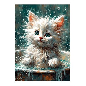 Duş Yapan Beyaz Kedi Tasarım Ahşap Tablo 35cm X50cm 35x50 cm