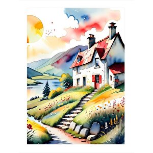 Retro Göl Kenarındaki Ev Desenli Mdf Tablo 25cmx 35cm 25x35 cm