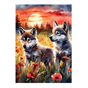 Yavru Kurtlar Ve Gelincikler Desenli Mdf Tablo 35cm X50cm 35x50 cm