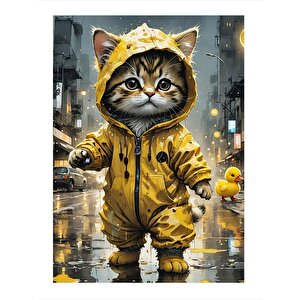 Yağmurluk Giymiş Yavru Kedi Tasarım Mdf Tablo 25cmx 35cm 25x35 cm