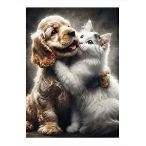 Sevimli Köpek Ve Kedi Model Ahşap Tablo 25cmx 35cm 25x35 cm