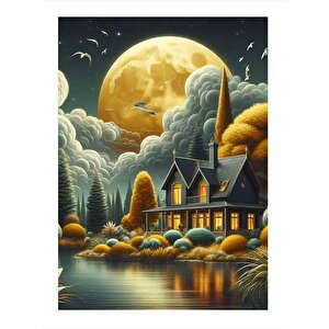 Dolunay Ve Göl Evi Mdf Poster 35cm X50cm 35x50 cm