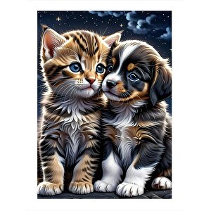 Sarılan Yavru Kedi Ve Köpek Hediyelik Ahşap Tablo 25cmx 35cm 25x35 cm