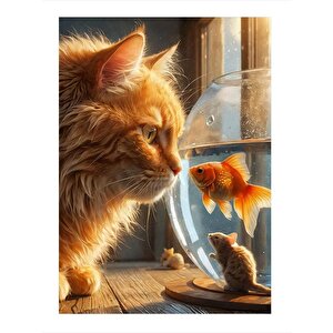 Akvaryumdaki Balığa Bakan Kedi Mdf Tablo 25cmx 35cm 25x35 cm