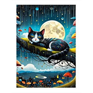 Dolunay Ve Sevimli Kedi Mdf Poster 25cmx 35cm 25x35 cm