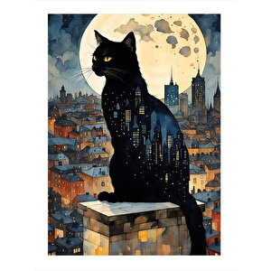 Siyah Kedi Ve Binalar Modern Ahşap Tablo 25cmx 35cm 25x35 cm