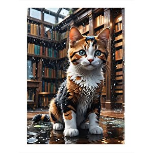 Kütüphane Ve Kedi Hediyelik Ahşap Tablo 35cm X50cm 35x50 cm