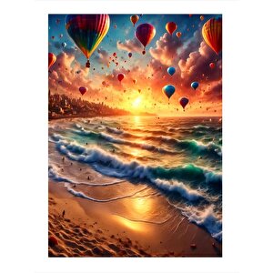 Gün Batımındaki Sahil Ve Uçan Balonlar Modern Mdf Tablo 25cmx 35cm 25x35 cm