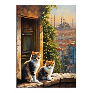 İstanbul Ve Yavru Kediler Dekoratif Ahşap Tablo 35cm X50cm 35x50 cm