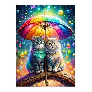 Şemsiye Ve Kediler Model Ahşap Tablo 35cm X50cm