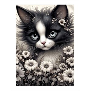 Beyaz Papatyalar Ve Kedi Art Mdf Poster 25cmx 35cm 25x35 cm