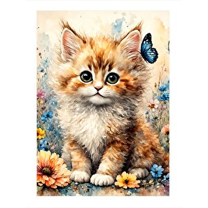 Sevimli Kedi Ve Kelebekler Art Mdf Poster 35cm X50cm 35x50 cm