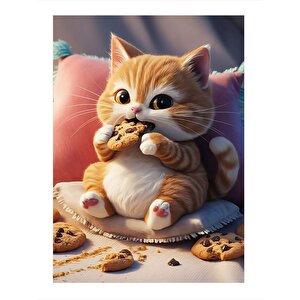 Çikolatalı Kurabiye Yiyen Kedi Desenli Ahşap Tablo 25cmx 35cm 25x35 cm