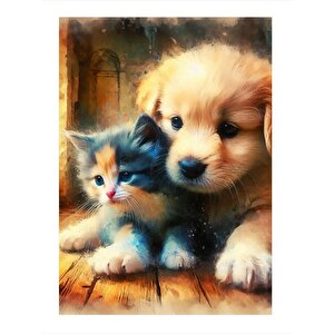 Yavru Köpek Ve Kedi Dekoratif Ahşap Tablo 25cmx 35cm 25x35 cm