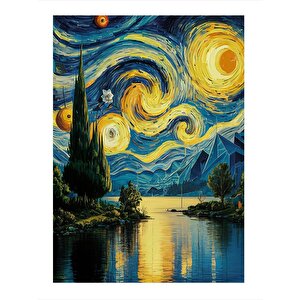 Van Gogh Tarzı Göl Manzarası Tasarım Ahşap Tablo 50cmx 70cm 50x70 cm