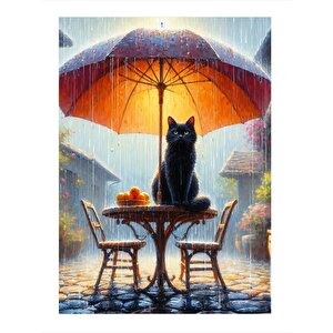 Şemsiyenin Altındaki Siyah Kedi Art Mdf Poster 35cm X50cm 35x50 cm