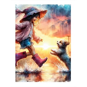 Lastik Çizmeli Çocuk Ve Köpek Art Mdf Poster 25cmx 35cm 25x35 cm