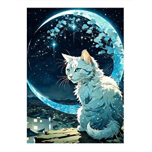 Beyaz Kedi Ve Ay Hediyelik Ahşap Tablo 25cmx 35cm 25x35 cm