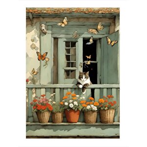 Kelebekler Ve Kedi Art Mdf Poster 25cmx 35cm 25x35 cm
