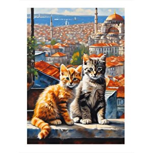 Sevimli Kediler Ve Şehir Manzarası Mdf Poster 25cmx 35cm 25x35 cm