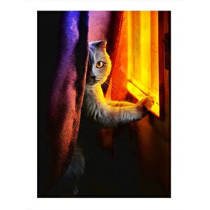 Pencereye Bakan Kedi Tasarım Ahşap Tablo 35cm X50cm 35x50 cm