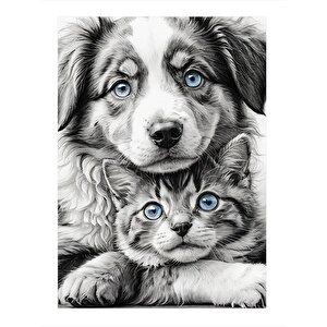 Sarılan Köpek Ve Kedi Mdf Tablo 35cm X50cm 35x50 cm