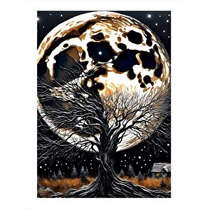 Yaprakları Dökülmüş Ağaç Ve Ay Desenli Ahşap Tablo 35cm X50cm 35x50 cm