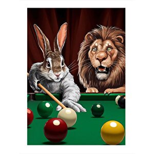 Bilardo Oynayan Tavşan Ve Aslan Hediyelik Mdf Tablo 35cm X50cm 35x50 cm
