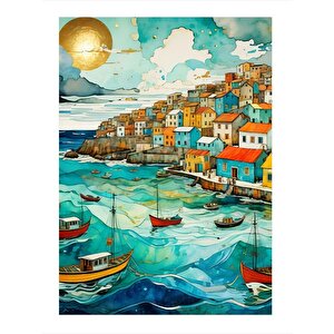 Sahil Kasabası Modern Ahşap Tablo 35cm X50cm 35x50 cm