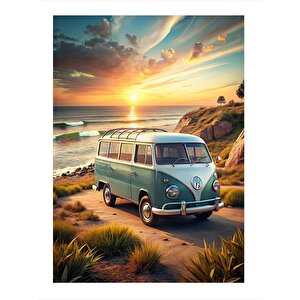 Retro Minibüs Ve Sahil Art Mdf Poster 25cmx 35cm 25x35 cm