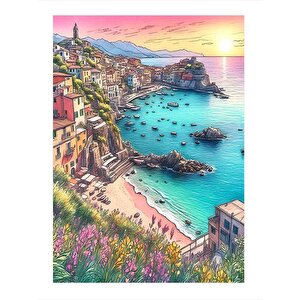 Sahil Kasabası Ve Manzara Hediyelik Ahşap Tablo 35cm X50cm 35x50 cm