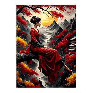 Kırmızı Elbiseli Japon Kadın Dekoratif Mdf Tablo 50cmx 70cm
