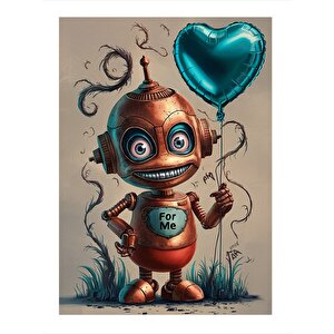 Elinde Balon Tutan Sevimli Robot Dekoratif Mdf Tablo 35cm X50cm 35x50 cm