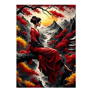 Kırmızı Elbiseli Japon Kadın Dekoratif Mdf Tablo 25cmx 35cm 25x35 cm
