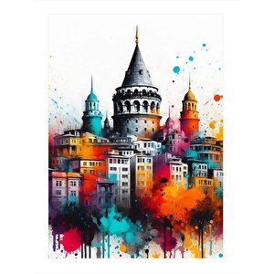 Renkli Galata Kulesi Tasarım Ahşap Tablo 35cm X50cm 35x50 cm