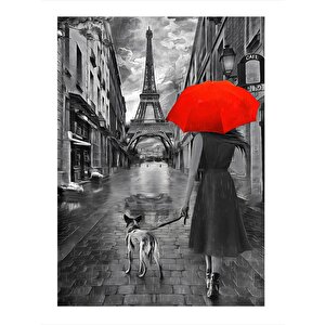 Eyfel Kulesine Giden Kadın Ve Köpeği Dekoratif Mdf Tablo 35cm X50cm 35x50 cm