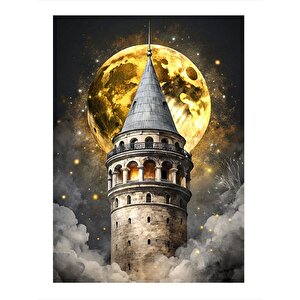 Dolunay Ve Galata Kulesi Hediyelik Ahşap Tablo 35cm X50cm 35x50 cm