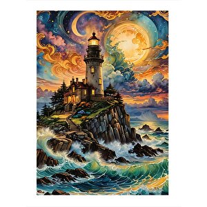 Yağlı Boya Deniz Feneri Dekoratif Ahşap Tablo 25cmx 35cm 25x35 cm