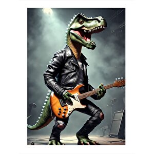 Elektro Gitar Çalan Dinozor Dekoratif Mdf Tablo 35cm X50cm 35x50 cm