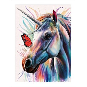 Unicorn Ve Kelebek Desenli Ahşap Tablo 25cmx 35cm 25x35 cm
