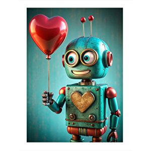 Kalpli Balon Tutan Sevimli Robot Dekoratif Ahşap Tablo 25cmx 35cm 25x35 cm